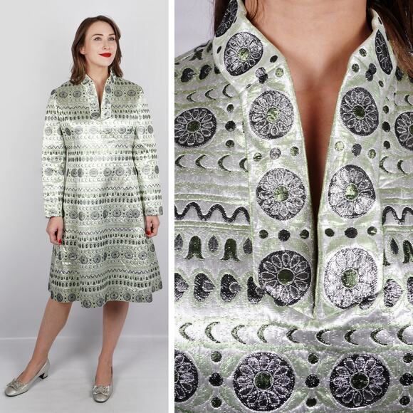 Vintage 1960s Nardiello Rona New York Metallic Mint Brocade Shift Dress | M/L - Picture 1 of 8